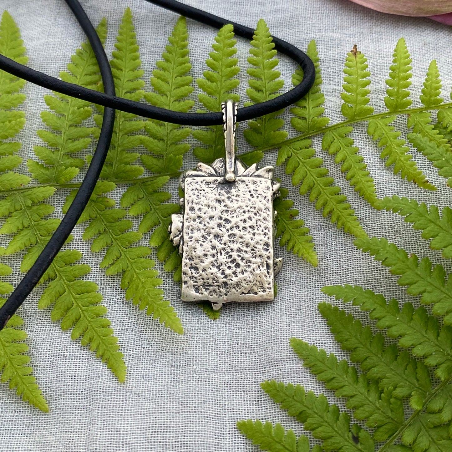 Romantic Victorian style sterling silver rose pendant, black leather cord necklace, hand carved original design with rose, bud, and leaves