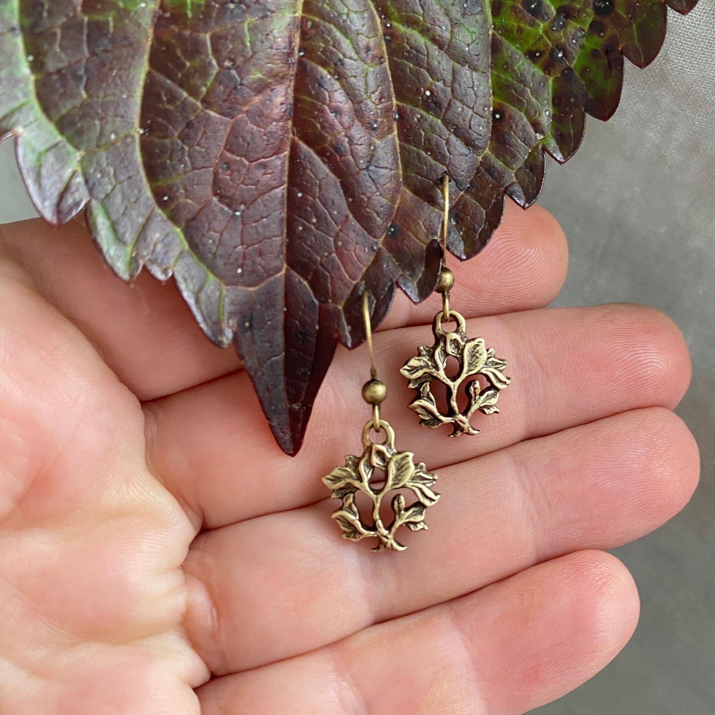 Dainty, antiqued brass tree of life earrings, hand-carved design; antiqued brass ear hooks