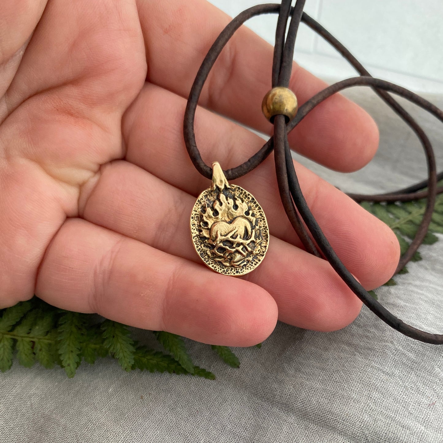 Antiqued Brass Sacred Heart Necklace; Unique, Hand Carved, Flaming Heart Design