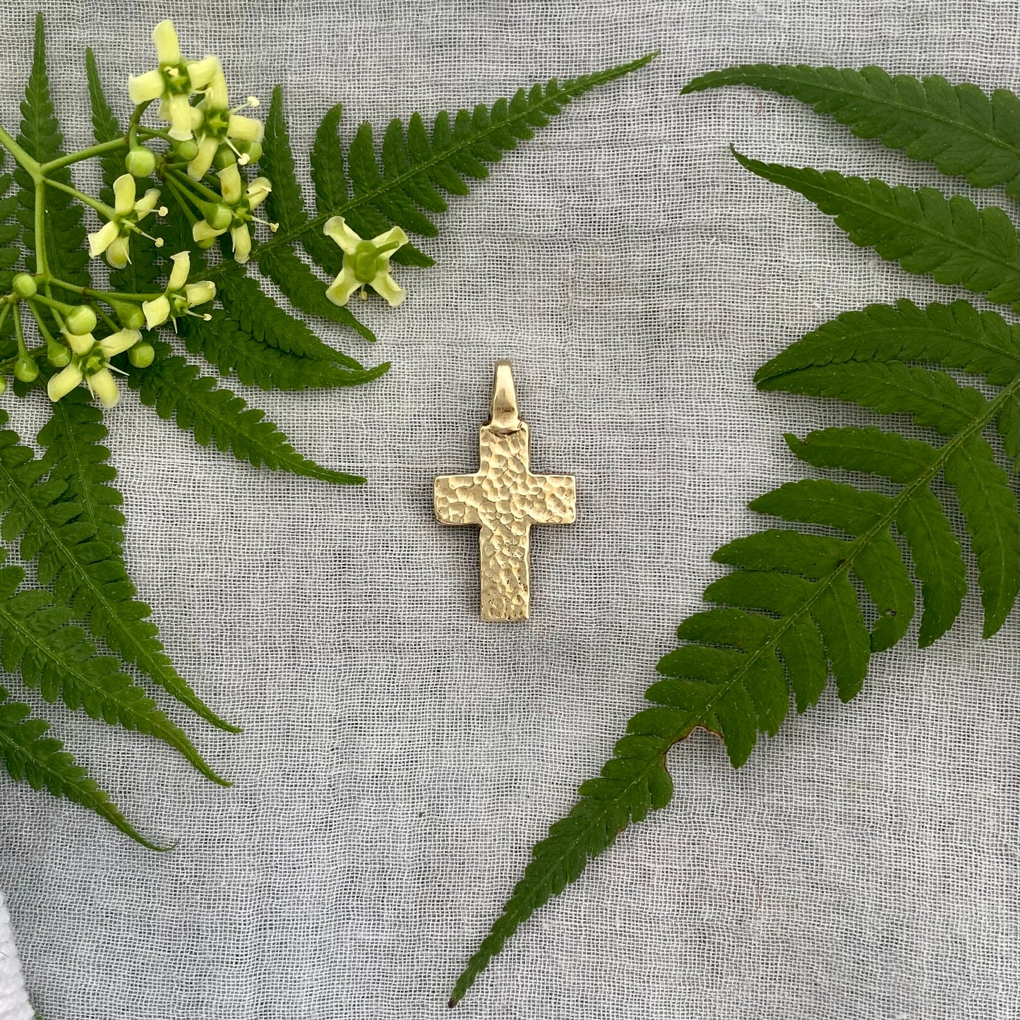 chunky small brass cross pendant; unusual swirling waves, water of life; for men, women; hand carved original design; necklace component