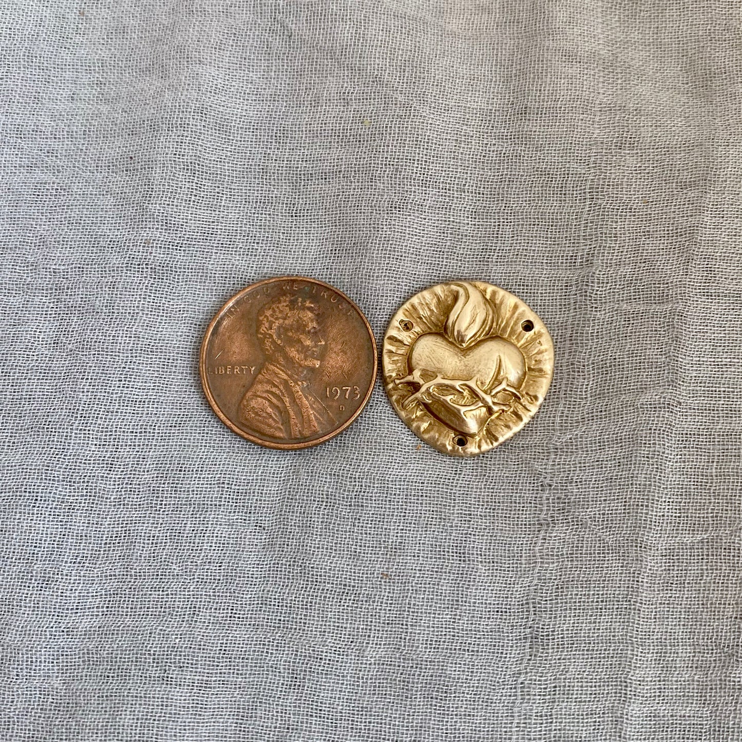 Pack of three brass, sacred heart rosary component centerpieces; gold tone, fiery heart necklace centerpieces