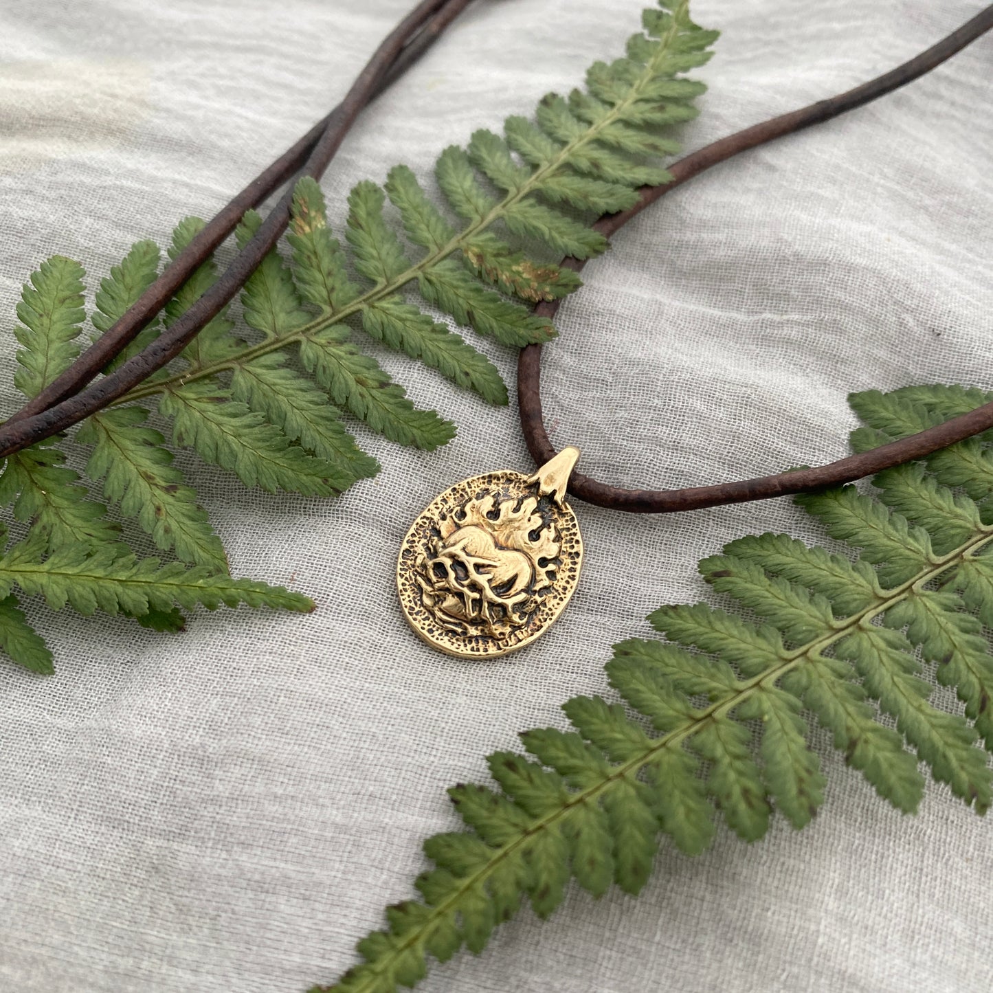Antiqued Brass Sacred Heart Necklace; Unique, Hand Carved, Flaming Heart Design