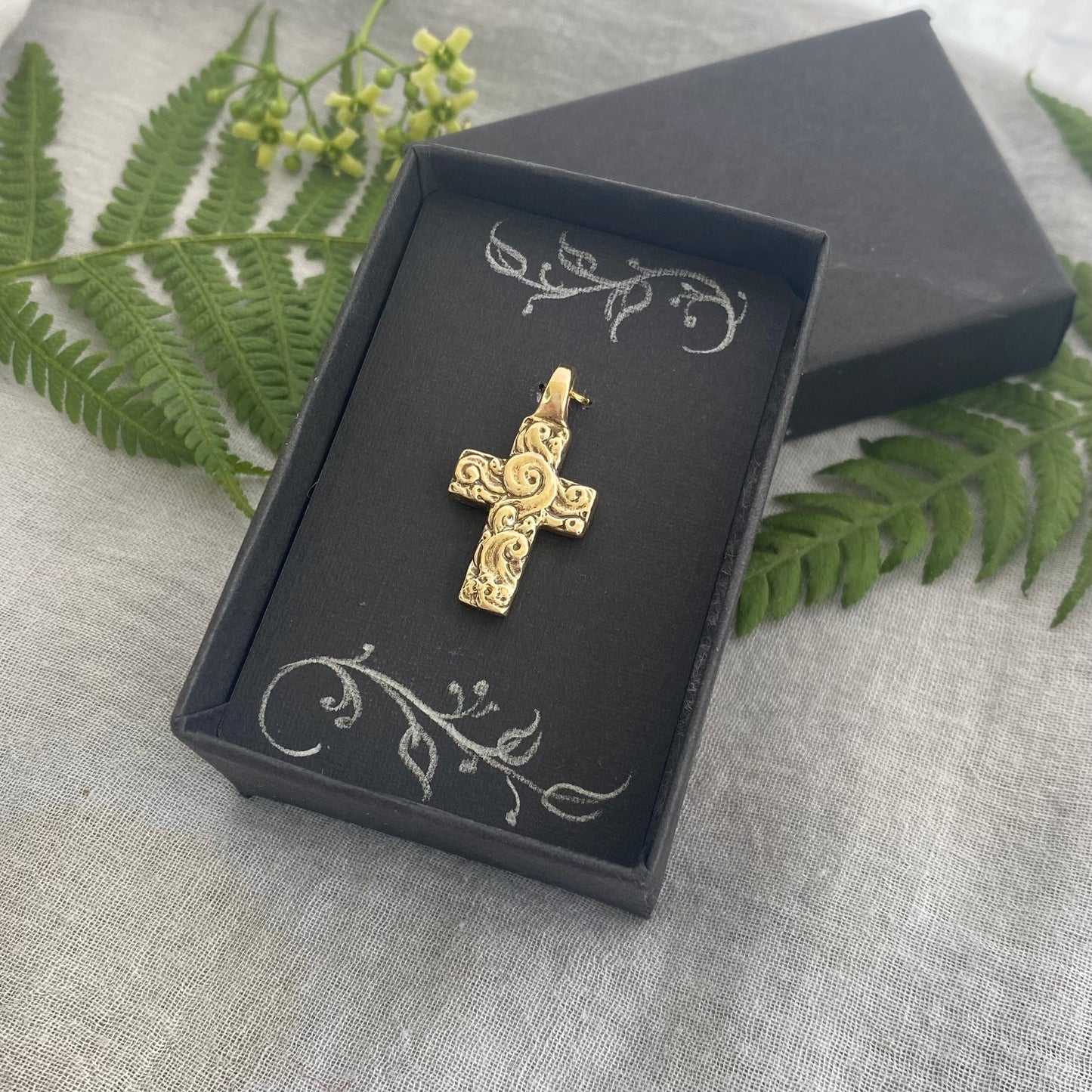 chunky small brass cross pendant; unusual swirling waves, water of life; for men, women; hand carved original design; necklace component