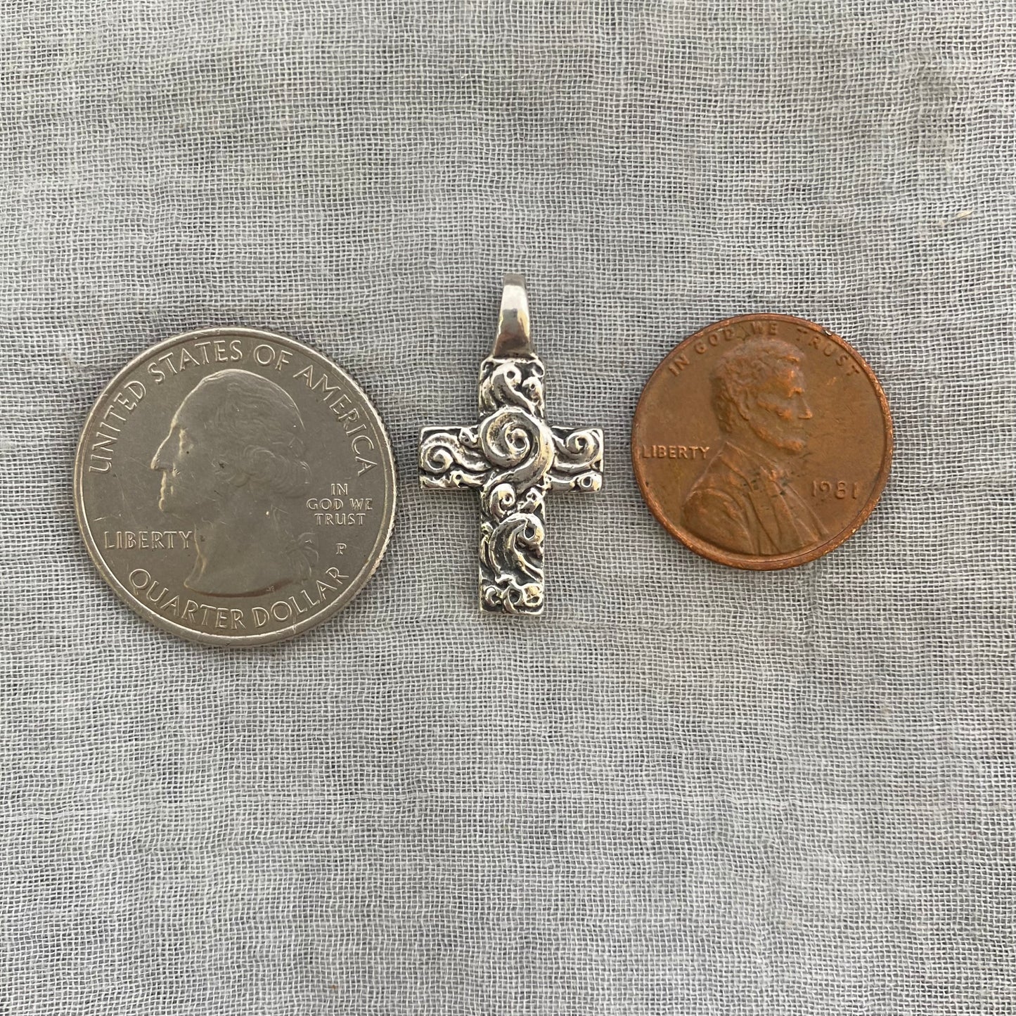 chunky small sterling silver cross pendant; unusual swirling wave design; for men, women; hand carved, artist designed necklace component