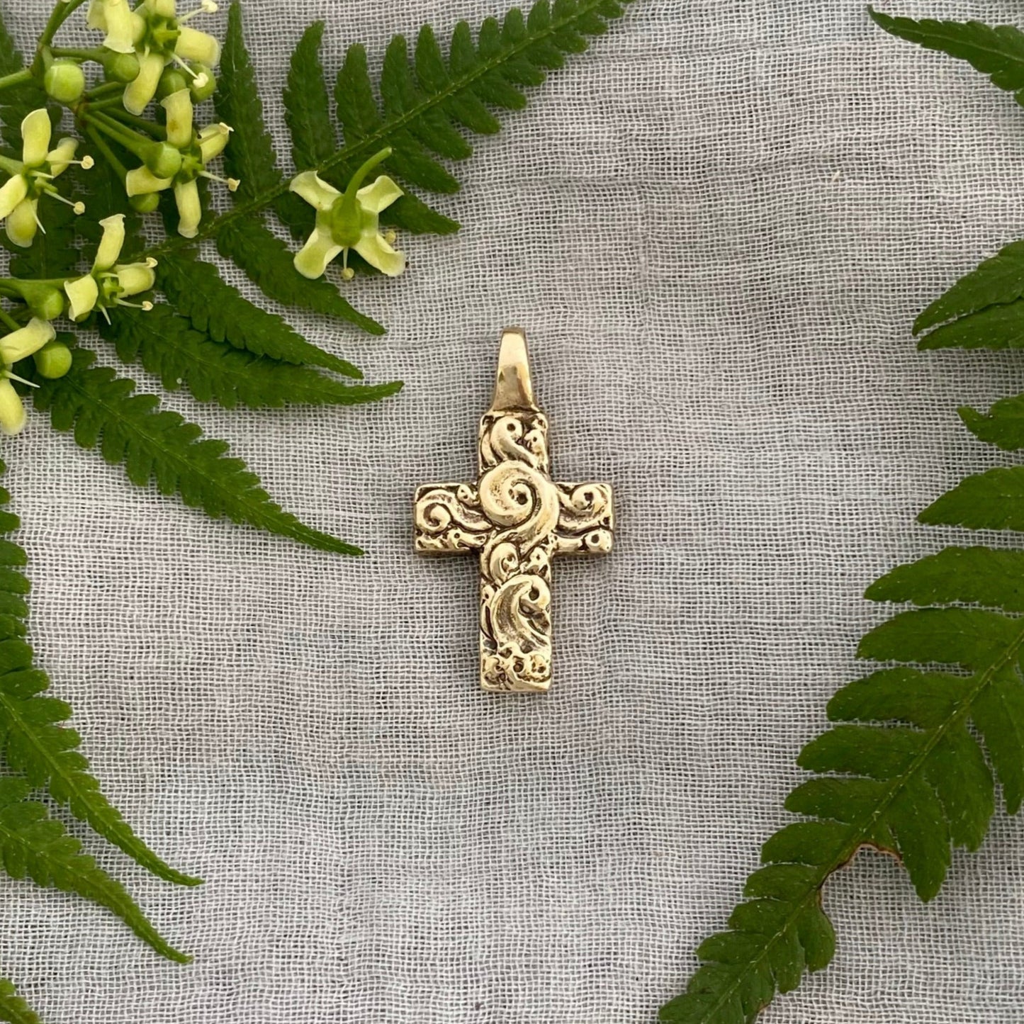 chunky small brass cross pendant; unusual swirling waves, water of life; for men, women; hand carved original design; necklace component