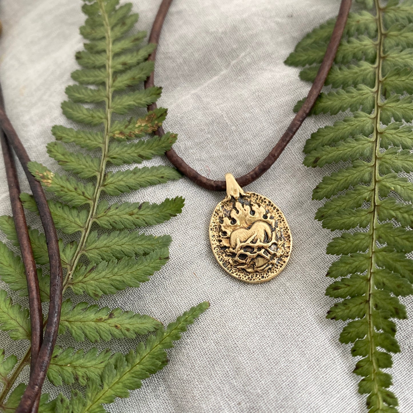 Antiqued Brass Sacred Heart Necklace; Unique, Hand Carved, Flaming Heart Design