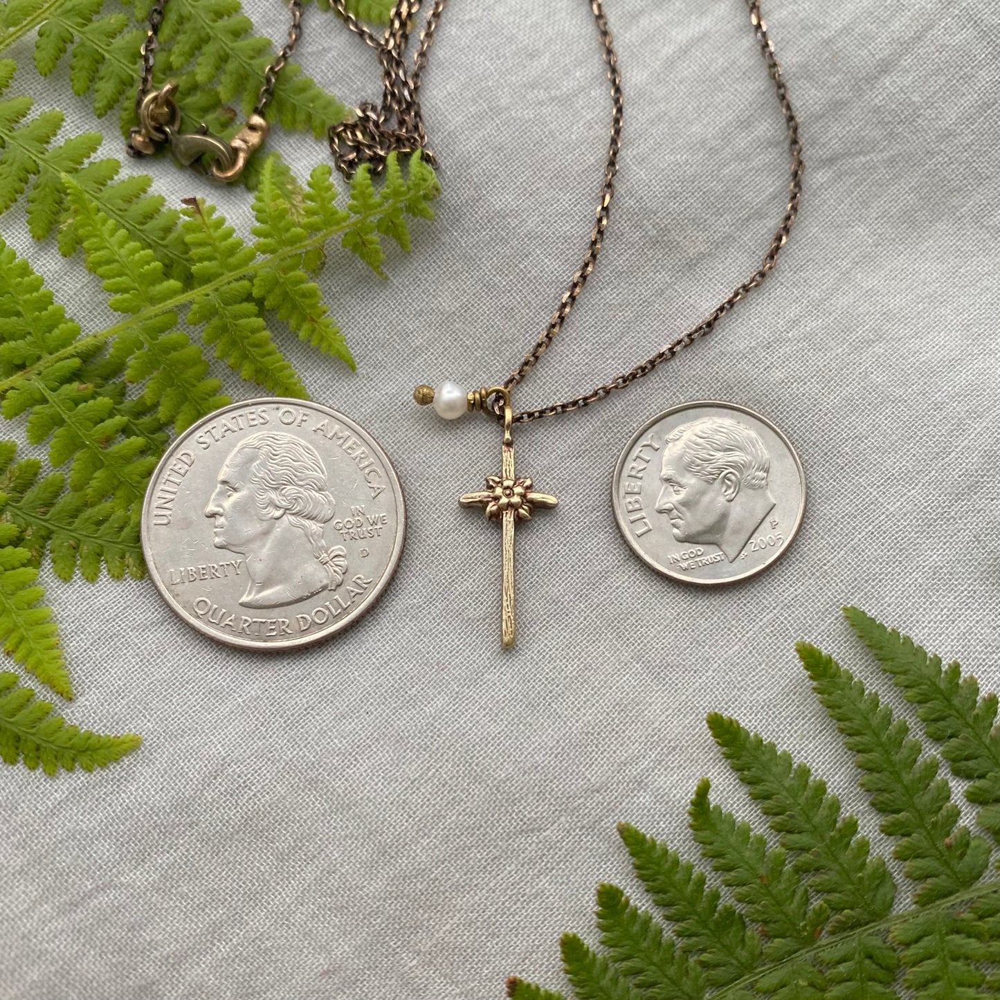 Tiny dainty cross necklace with freshwater pearl; antiqued brass pendant and chain