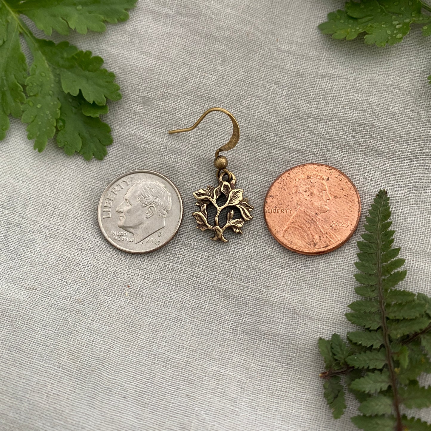 Dainty, antiqued brass tree of life earrings, hand-carved design; antiqued brass ear hooks