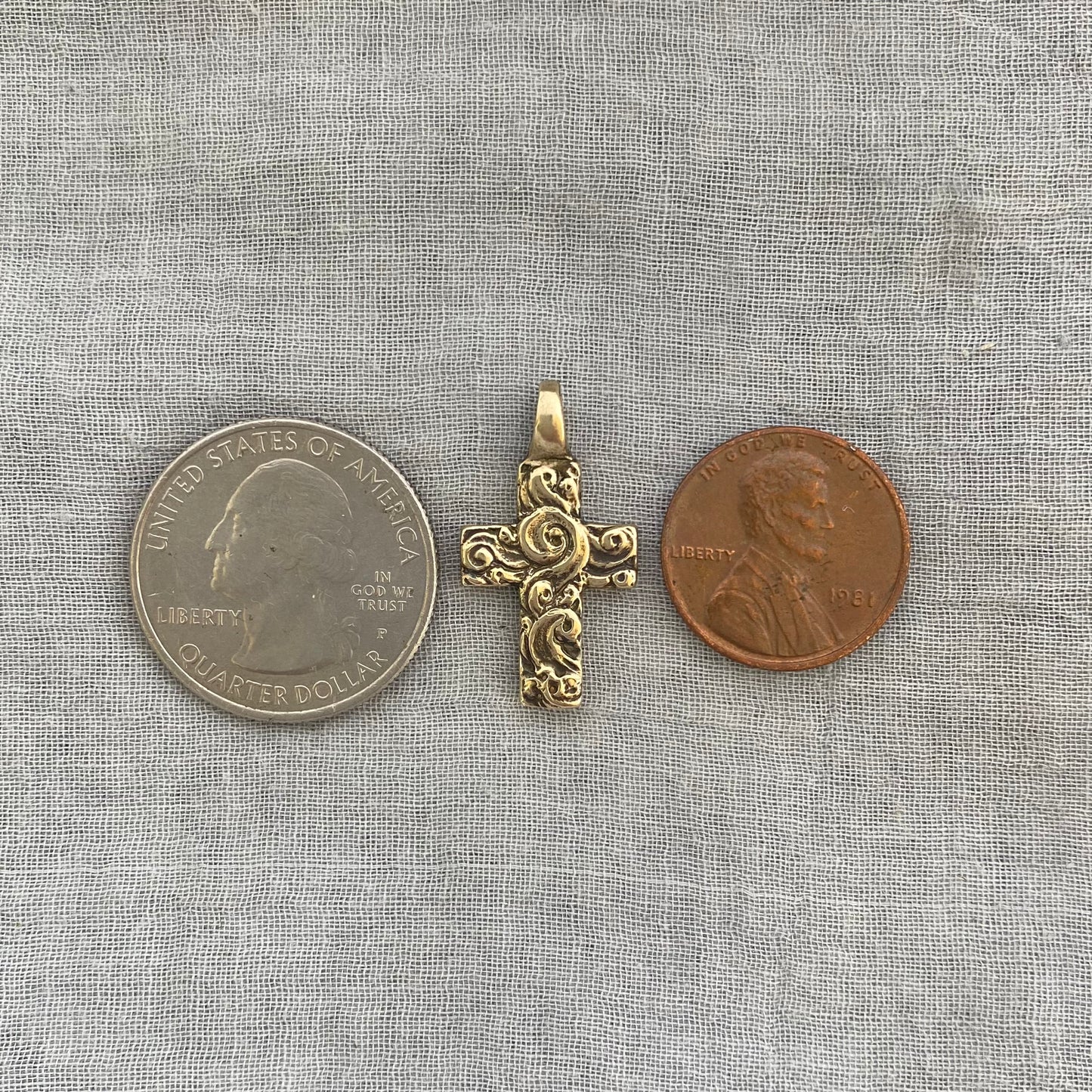 chunky small brass cross pendant; unusual swirling waves, water of life; for men, women; hand carved original design; necklace component
