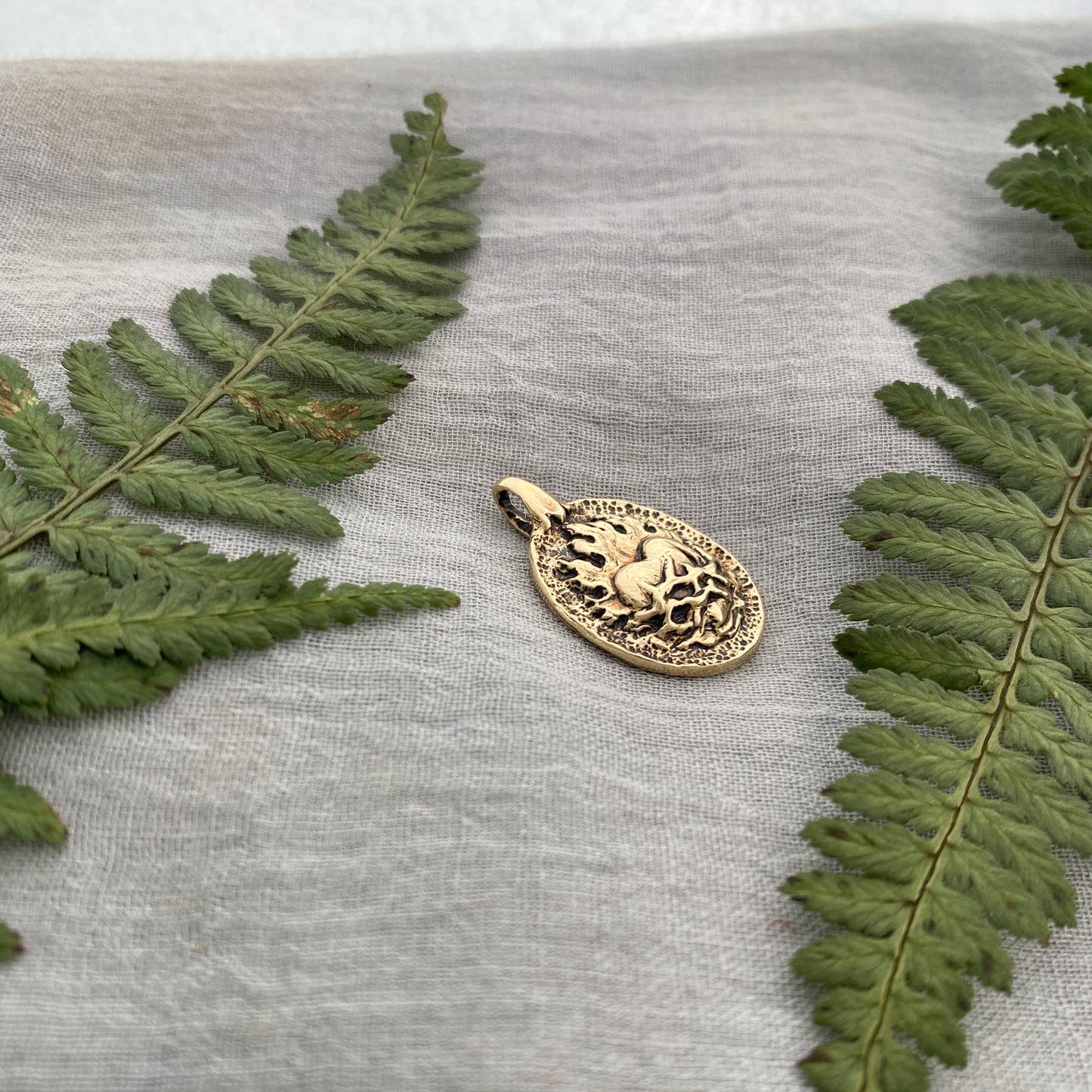 Antiqued Brass Sacred Heart Necklace; Unique, Hand Carved, Flaming Heart Design