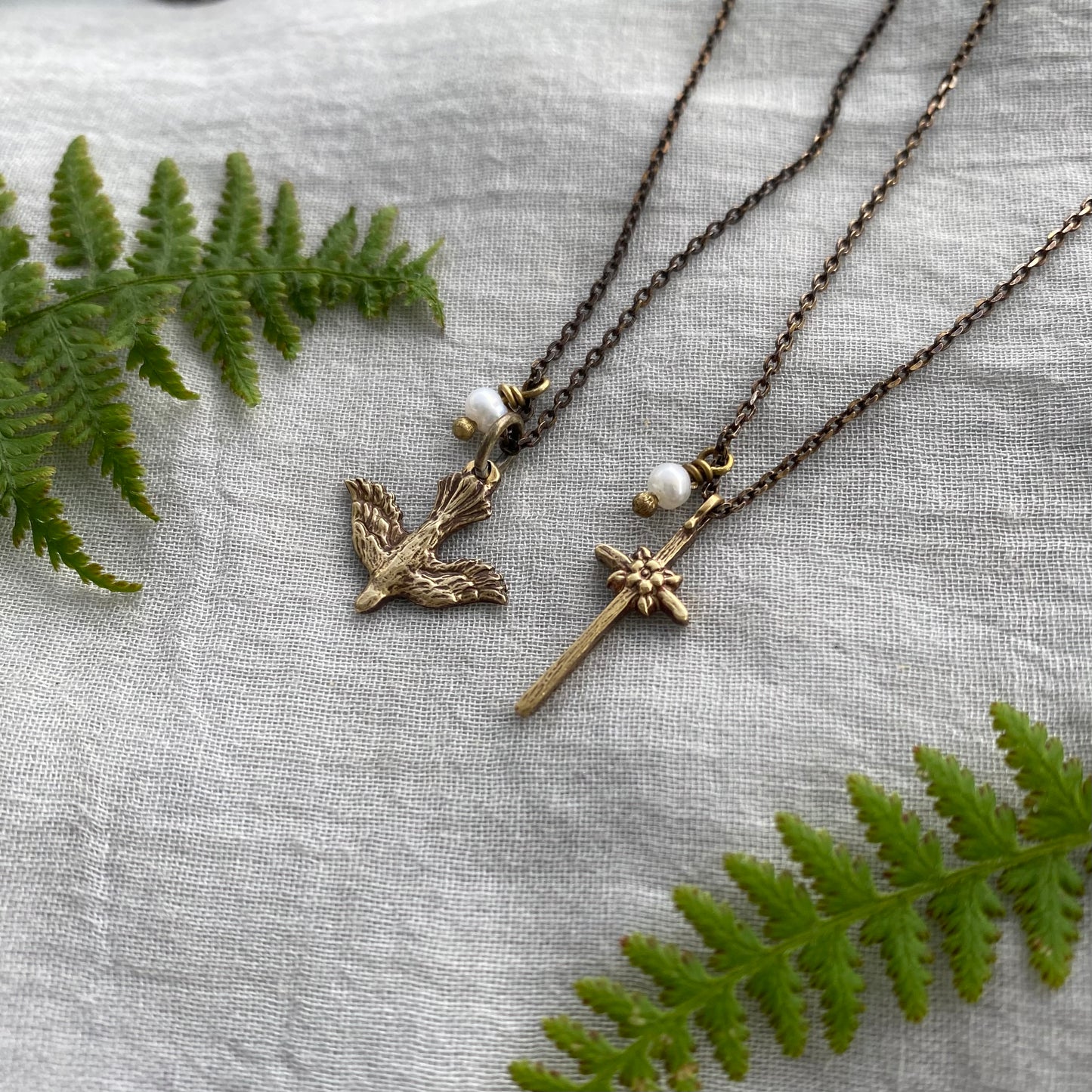 Tiny dainty dove necklace with freshwater pearl; antiqued brass pendant and chain