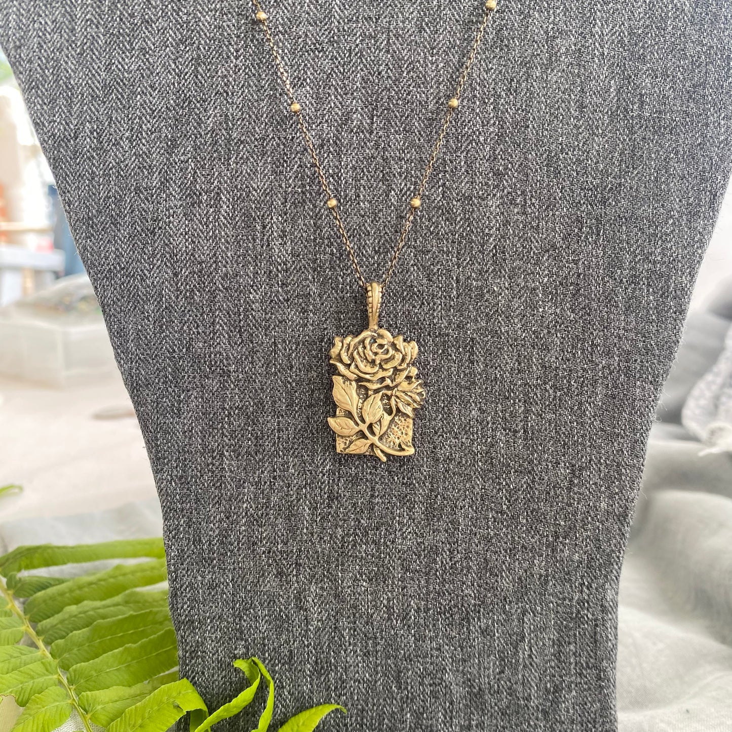 Romantic Antiqued Brass Rose Necklace