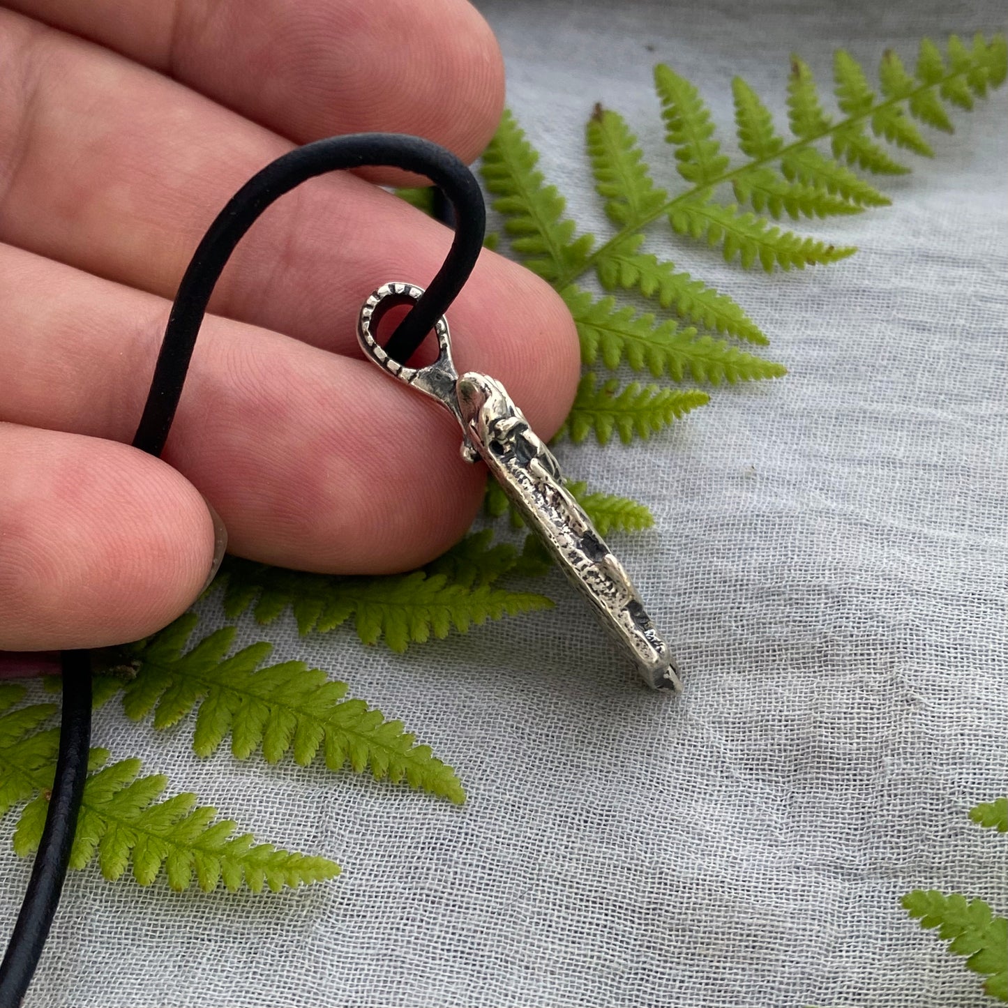 Romantic Victorian style sterling silver rose pendant, black leather cord necklace, hand carved original design with rose, bud, and leaves
