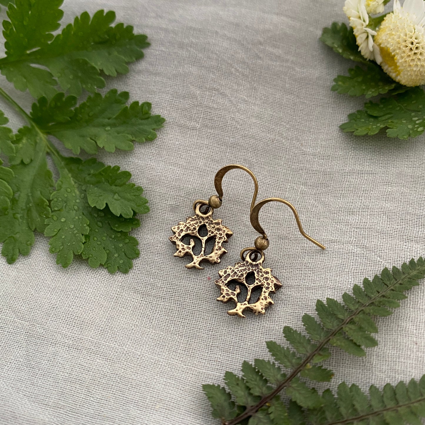 Dainty, antiqued brass tree of life earrings, hand-carved design; antiqued brass ear hooks