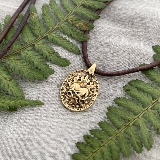 Antiqued Brass Sacred Heart Necklace; Unique, Hand Carved, Flaming Heart Design