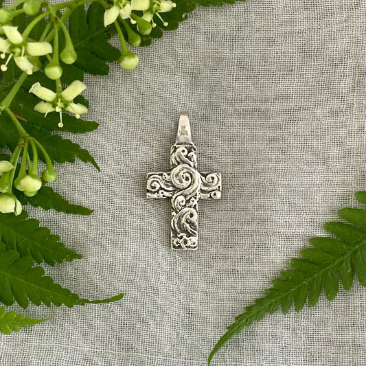 chunky small sterling silver cross pendant; unusual swirling wave design; for men, women; hand carved, artist designed necklace component