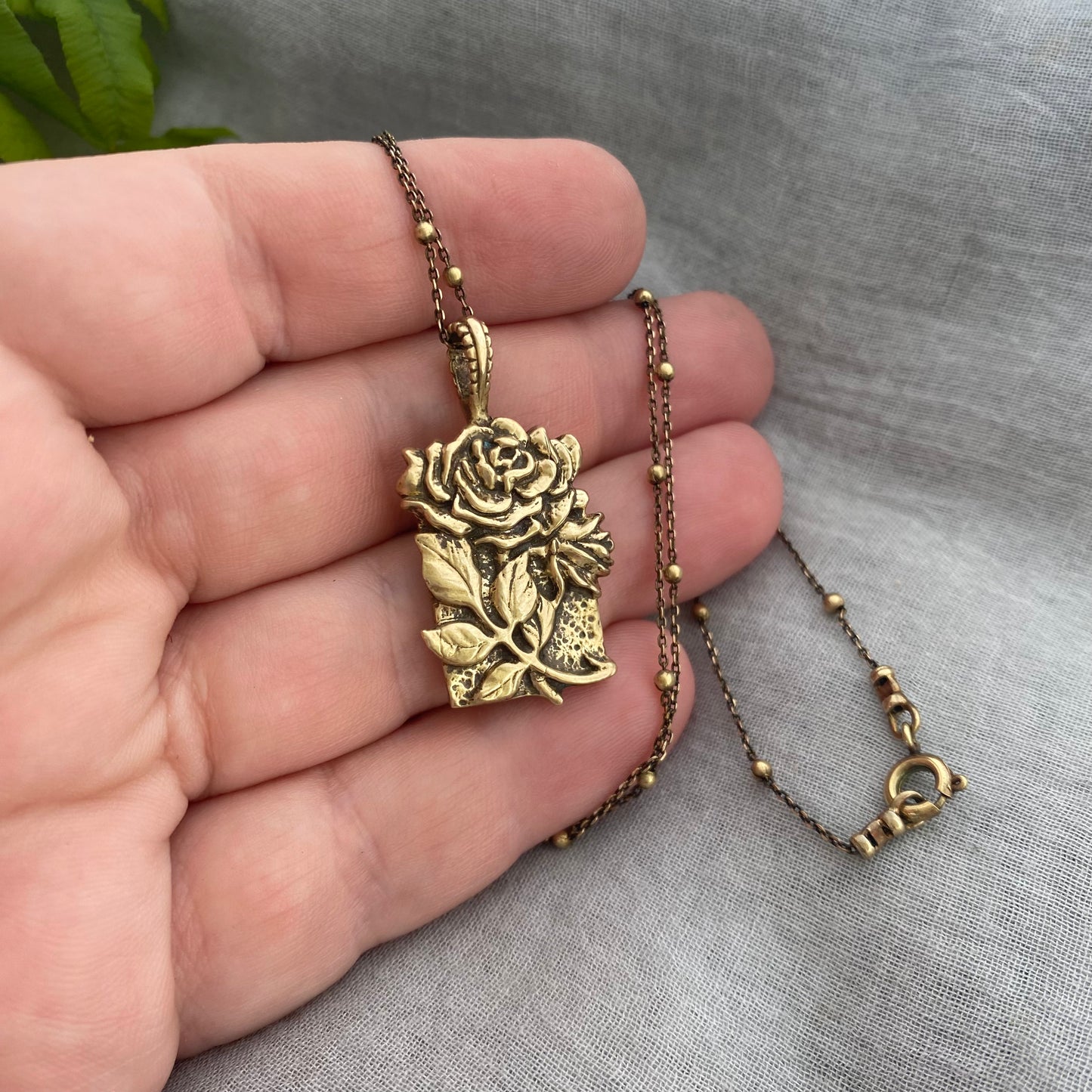 Romantic Antiqued Brass Rose Necklace