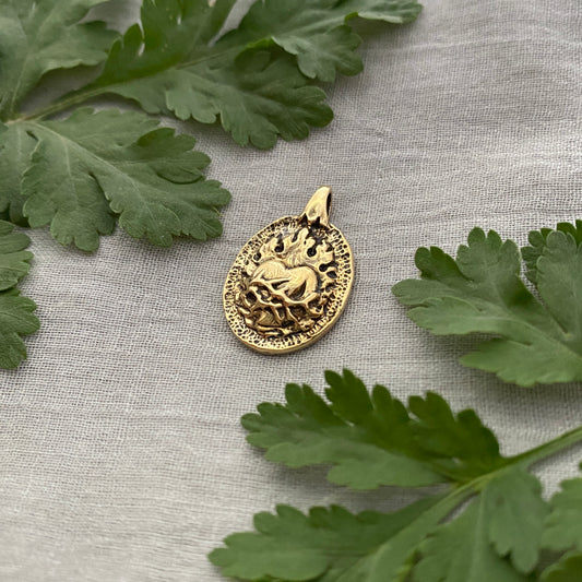 Antiqued Brass Sacred Heart Pendant; Unique, Hand Carved Design