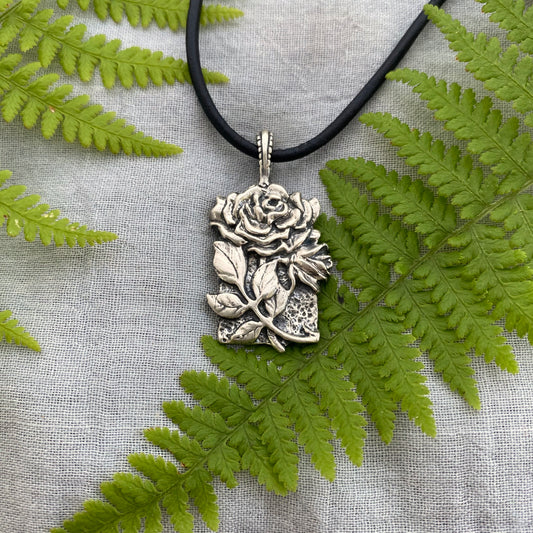 Romantic Victorian style sterling silver rose pendant, black leather cord necklace, hand carved original design with rose, bud, and leaves