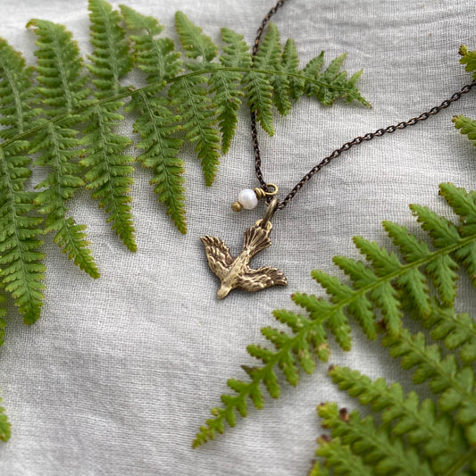 Tiny dainty dove necklace with freshwater pearl; antiqued brass pendant and chain