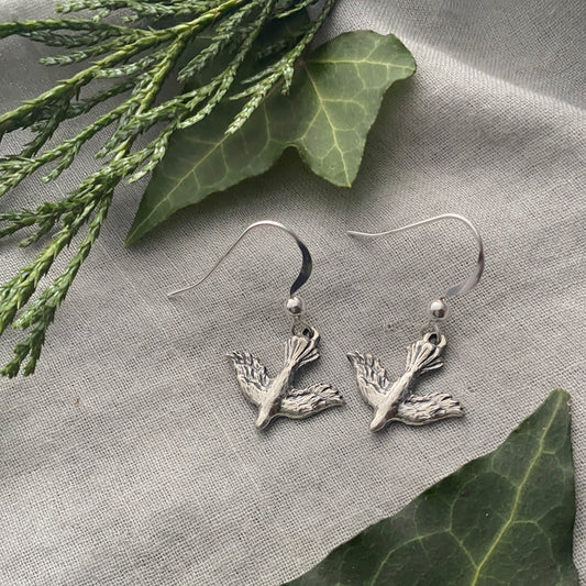 Dainty, dangling, descending dove earrings; solid sterling silver