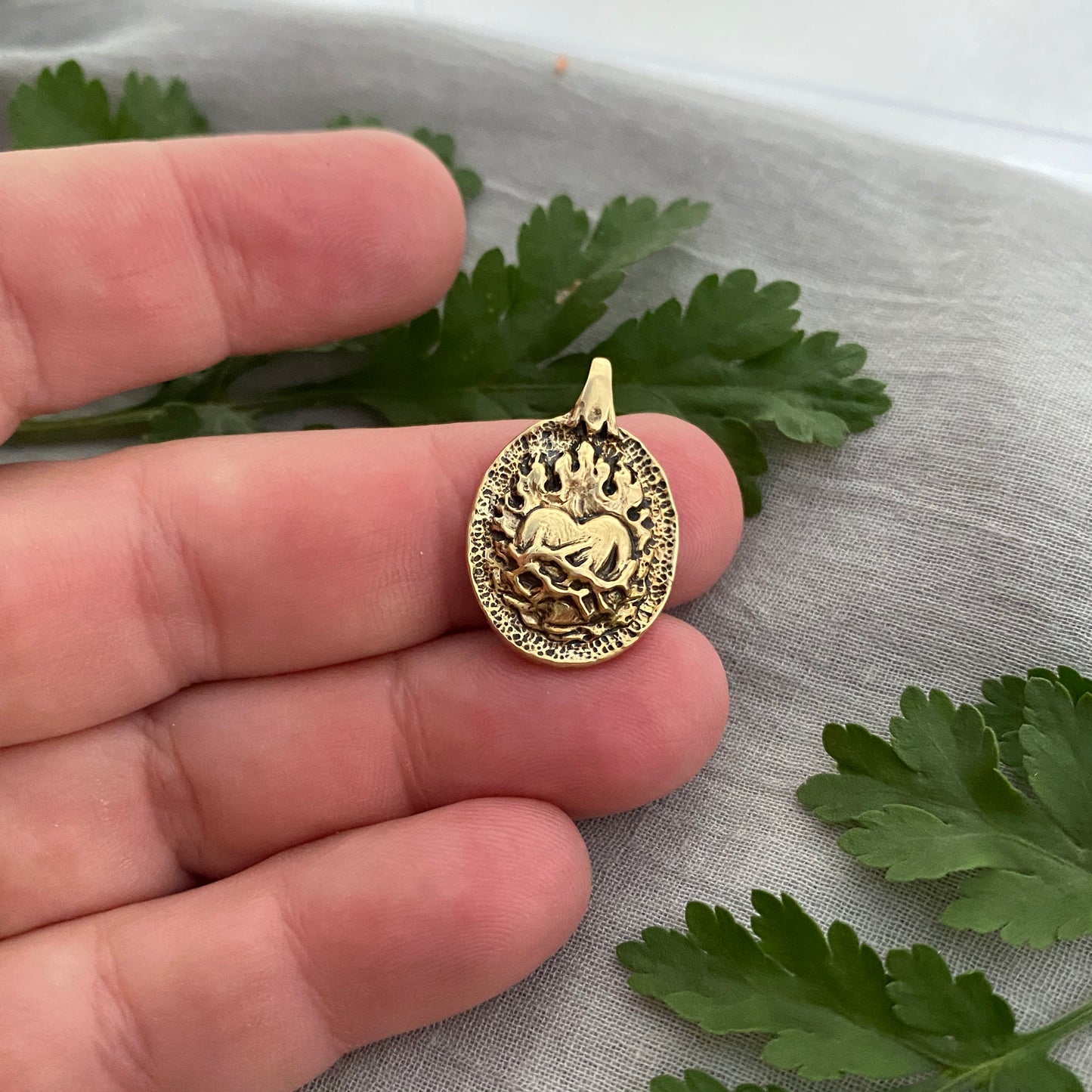 Antiqued Brass Sacred Heart Pendant; Unique, Hand Carved Design