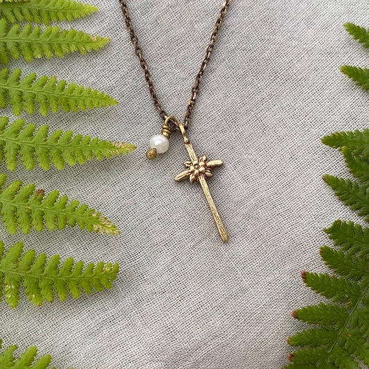 Tiny dainty cross necklace with freshwater pearl; antiqued brass pendant and chain