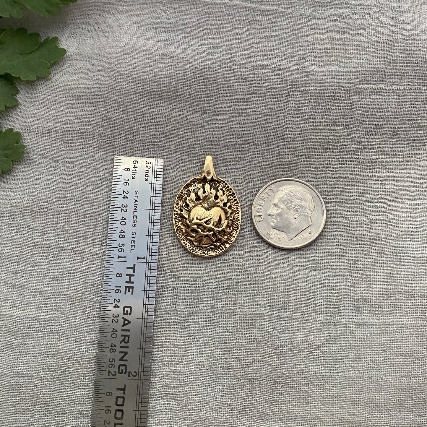 Antiqued Brass Sacred Heart Pendant; Unique, Hand Carved Design