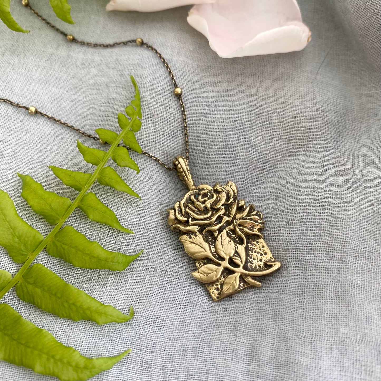 Romantic Antiqued Brass Rose Necklace