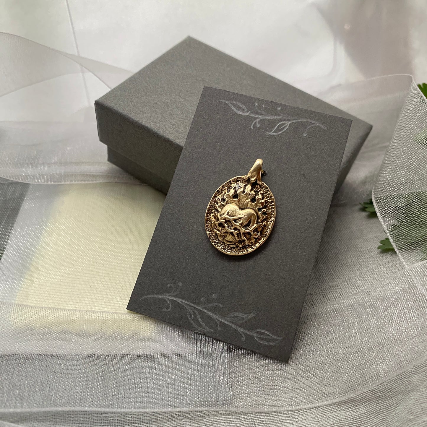 Antiqued Brass Sacred Heart Pendant; Unique, Hand Carved Design