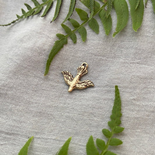 Tiny, Antiqued Brass, Descending Dove Charm; Unique, Hand Carved Design