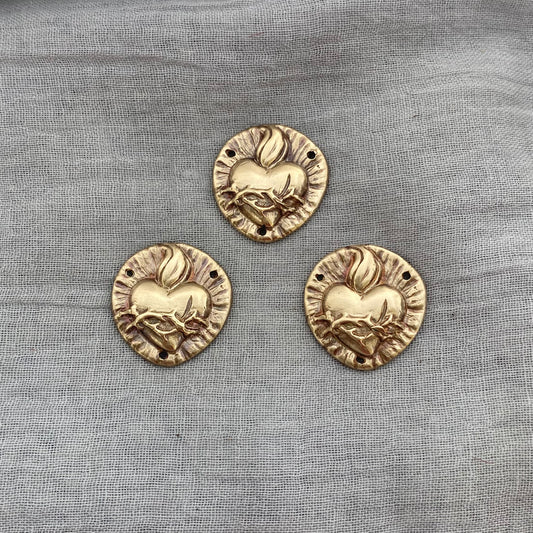 Pack of three brass, sacred heart rosary component centerpieces; gold tone, fiery heart necklace centerpieces