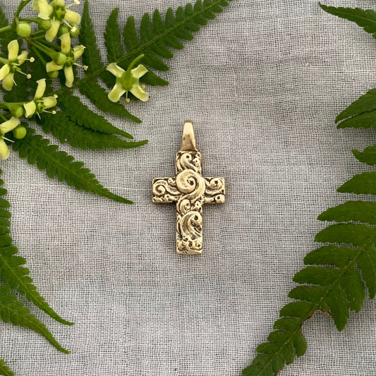 chunky small brass cross pendant; unusual swirling waves, water of life; for men, women; hand carved original design; necklace component