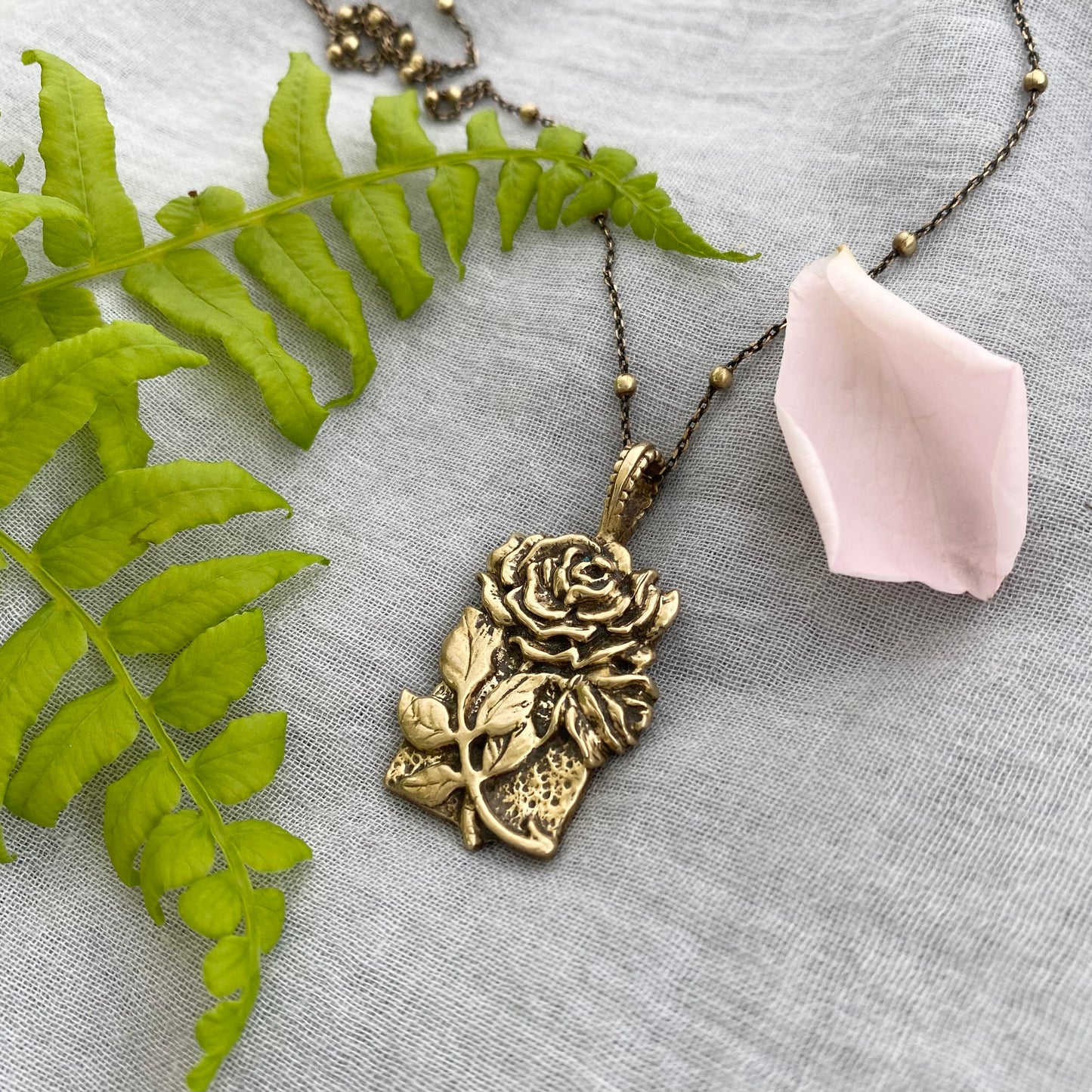 Romantic Antiqued Brass Rose Necklace