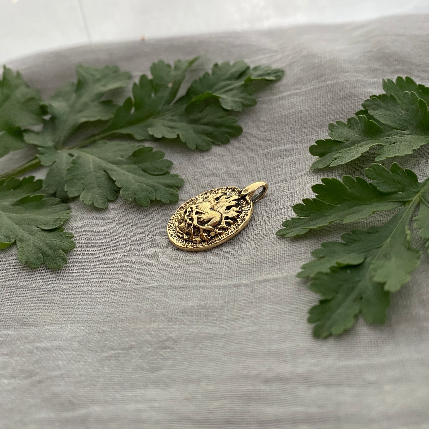 Antiqued Brass Sacred Heart Pendant; Unique, Hand Carved Design