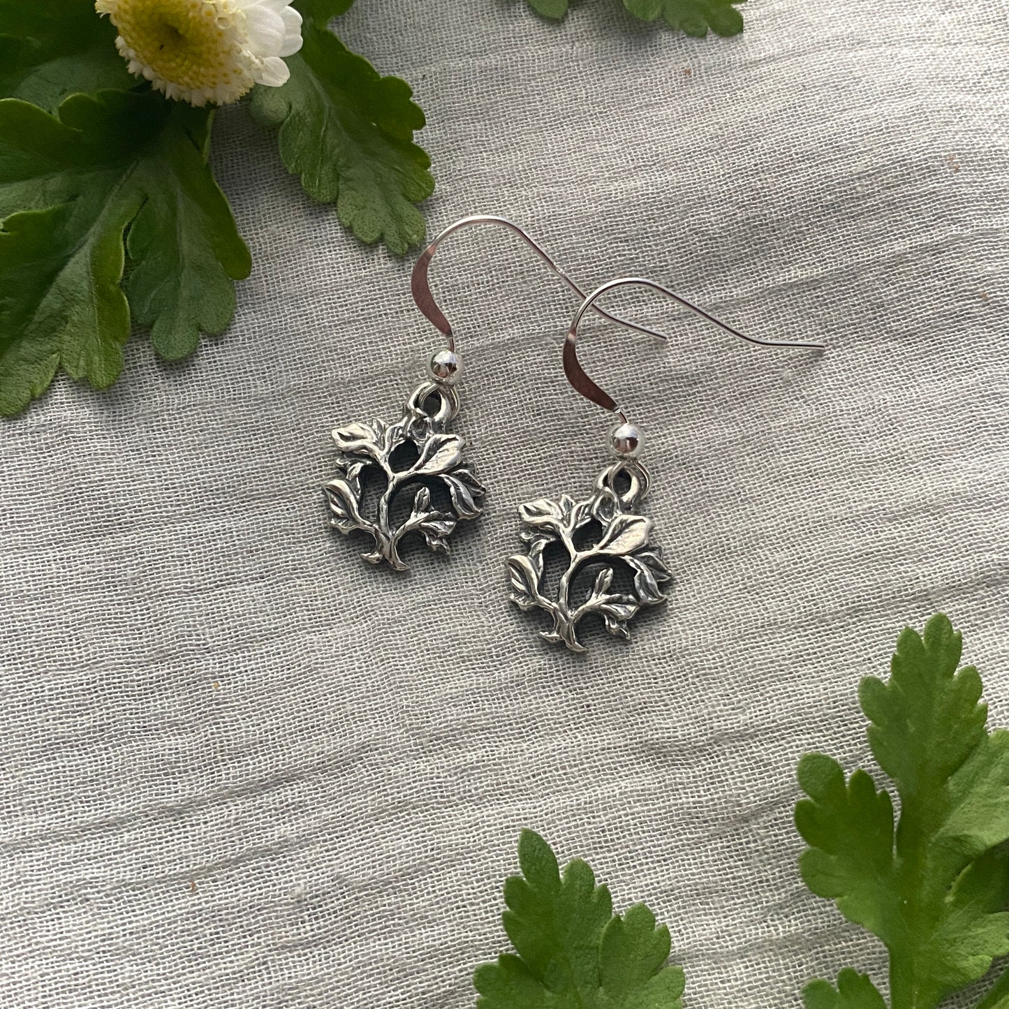 Dainty Sterling Silver Tree of Life Earrings - Hand Carved Design