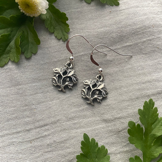 Dainty Sterling Silver Tree of Life Earrings - Hand Carved Design