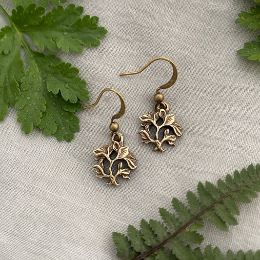 Dainty, antiqued brass tree of life earrings, hand-carved design; antiqued brass ear hooks