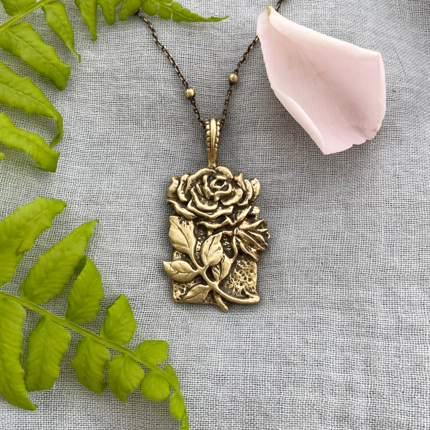 Romantic Antiqued Brass Rose Necklace