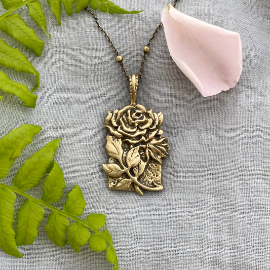 Romantic Antiqued Brass Rose Necklace