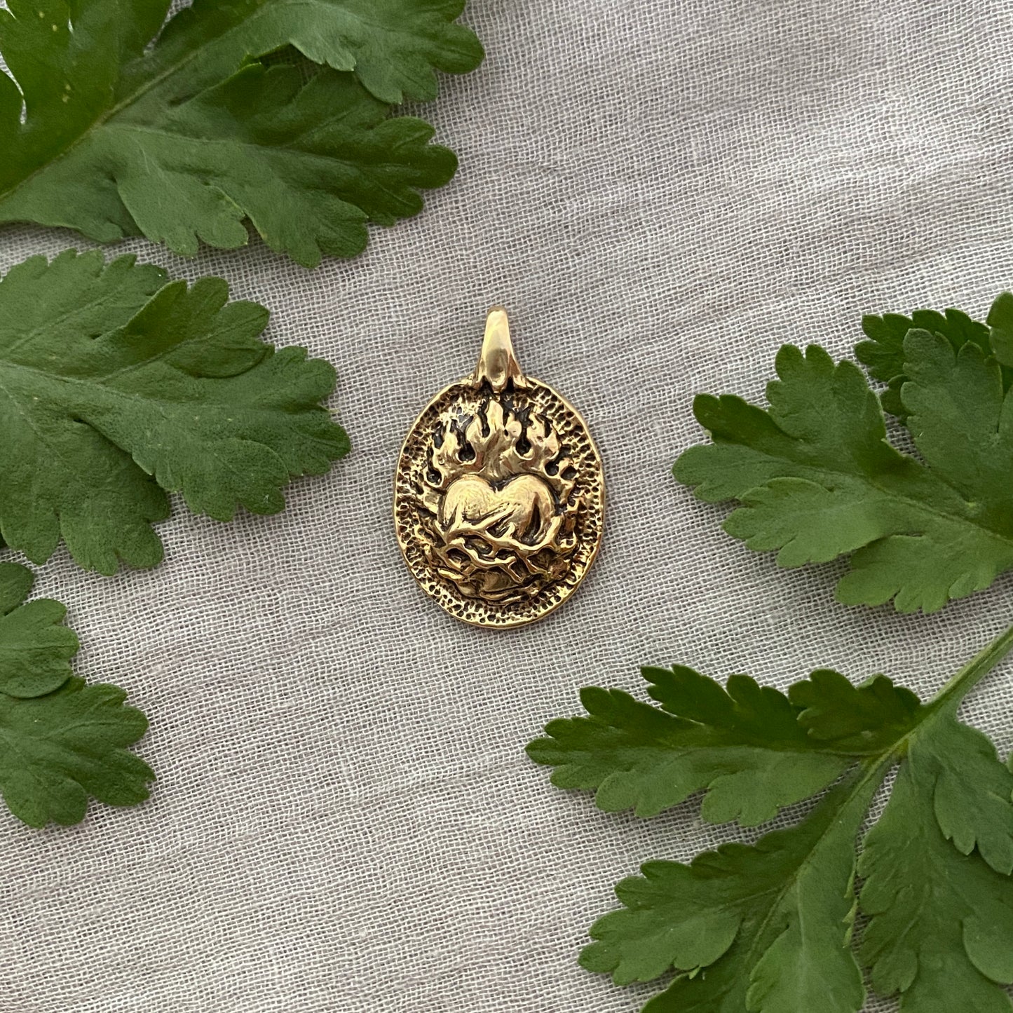 Antiqued Brass Sacred Heart Pendant; Unique, Hand Carved Design
