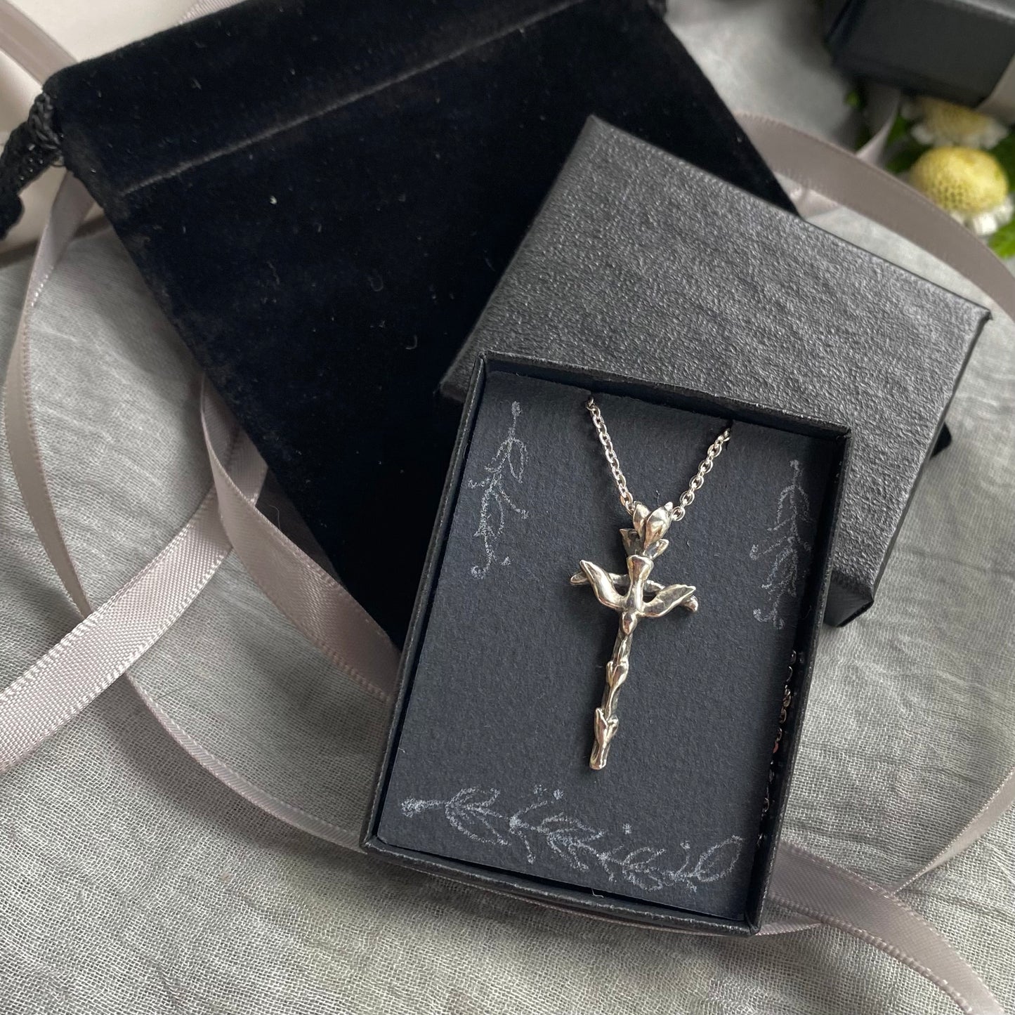 Small sterling silver cross necklace with dove