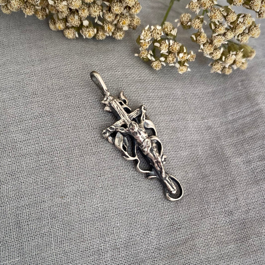 sterling silver crucifix with vine and leaves