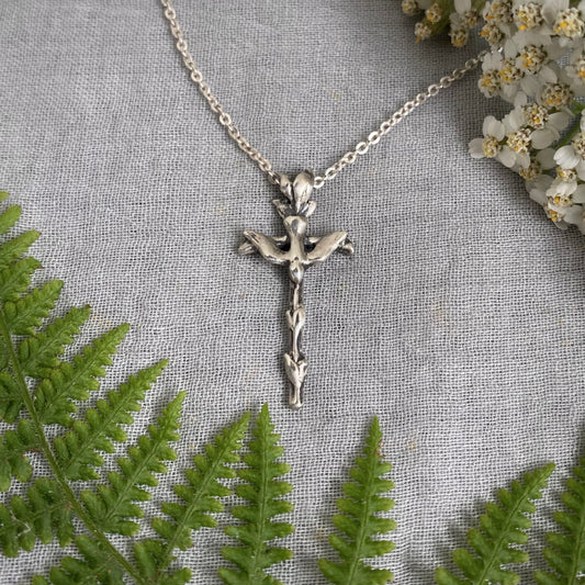 Small sterling silver cross necklace with dove